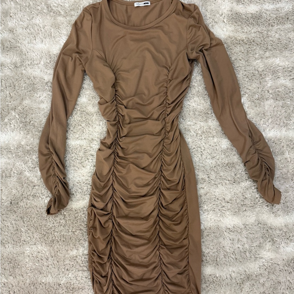 Fashion Nova Long Sleeve Brown Ruched Dress